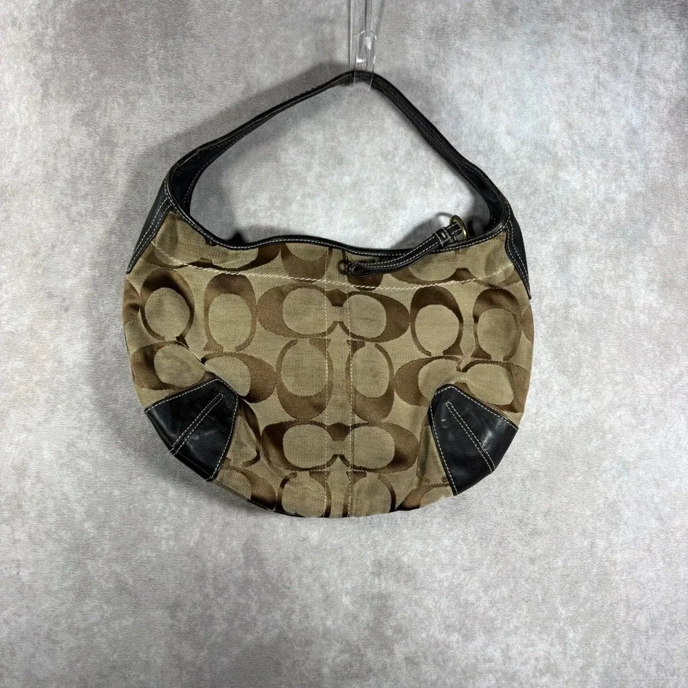 Coach Shoulder Bag Women Medium Brown Signature Canvas Hobo Leather Trim Vintage - Picture 8 of 16